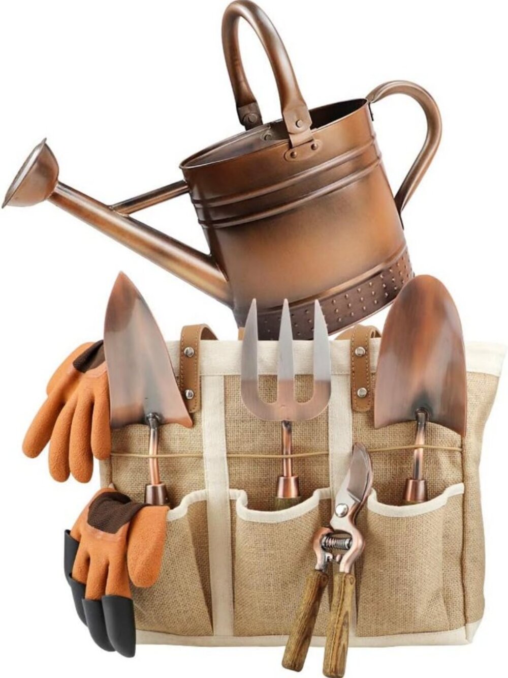 1 Gallon Galvanized Steel Watering Can & Garden Tool Set with Gloves & Tote